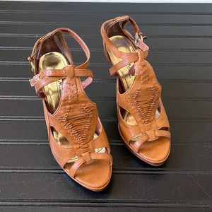 Brown Leatherish Strappy Open Toe Heels